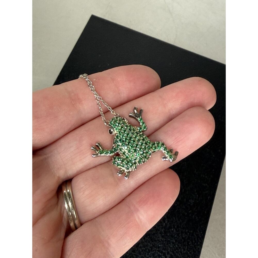 Hespera Pave Emerald Green Crystal Frog Pendant Sterling Silver Necklace